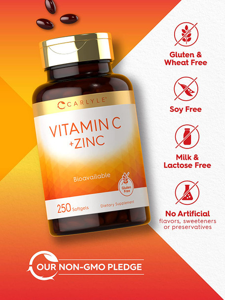 Vitamin C with Zinc | 250 Softgels | Bioavailable Supplement | Ascorbic Acid and Zinc Oxide | Non-GMO and Gluten Free Formula | by Carlyle