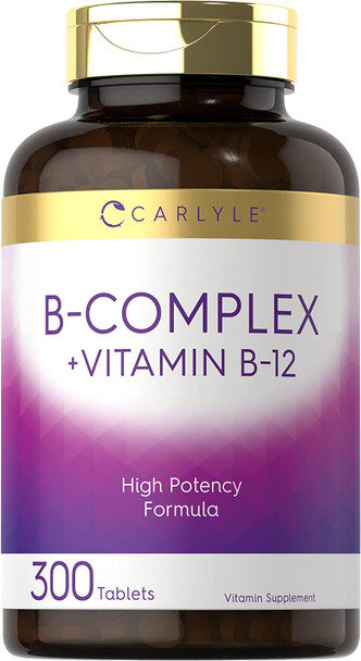 Carlyle B Complex Vitamin with B12 | 300 Tablets | High Potency Formula | Vegetarian, Non-GMO, and Gluten Free Supplement