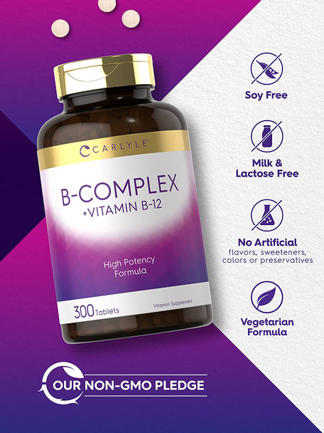 Carlyle B Complex Vitamin with B12 | 300 Tablets | High Potency Formula | Vegetarian, Non-GMO, and Gluten Free Supplement