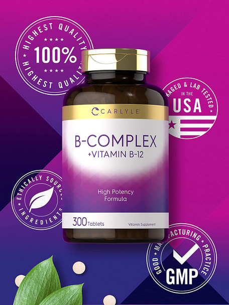 Carlyle B Complex Vitamin with B12 | 300 Tablets | High Potency Formula | Vegetarian, Non-GMO, and Gluten Free Supplement