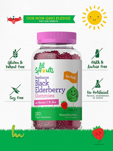 Elderberry Gummies for Kids | 120 Count | Zinc and Vitamin C | Natural Berry Flavor | Vegan, Non-GMO, and Gluten Free | by Lil' Sprouts