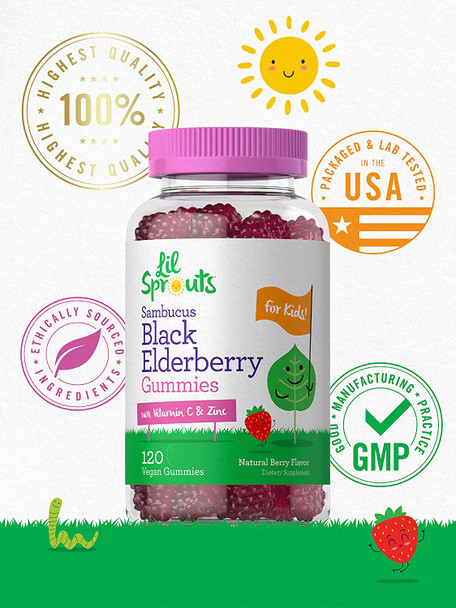 Elderberry Gummies for Kids | 120 Count | Zinc and Vitamin C | Natural Berry Flavor | Vegan, Non-GMO, and Gluten Free | by Lil' Sprouts