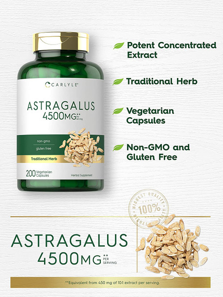 Astragalus Root Capsules 4500mg | 200 Count | Vegetarian, Non-GMO, Gluten Free Supplement | by Carlyle