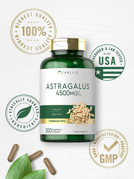 Astragalus Root Capsules 4500mg | 200 Count | Vegetarian, Non-GMO, Gluten Free Supplement | by Carlyle