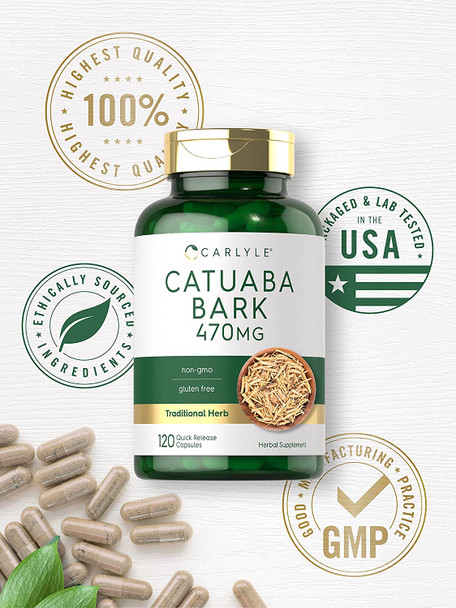 Carlyle Catuaba Bark Capsules 470mg | 120 Pills | for Men and Women | Non GMO and Gluten Free