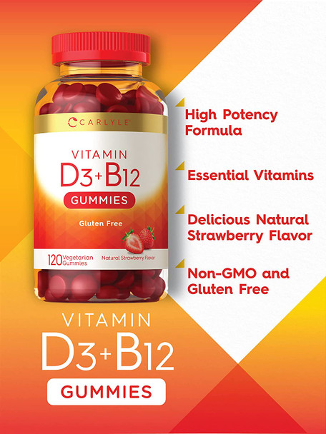 Carlyle Vitamin D3 + B12 Complex Gummies | 120 Count | Vegetarian, Non-GMO, and Gluten Free Formula | Natural Strawberry Flavor Supplement