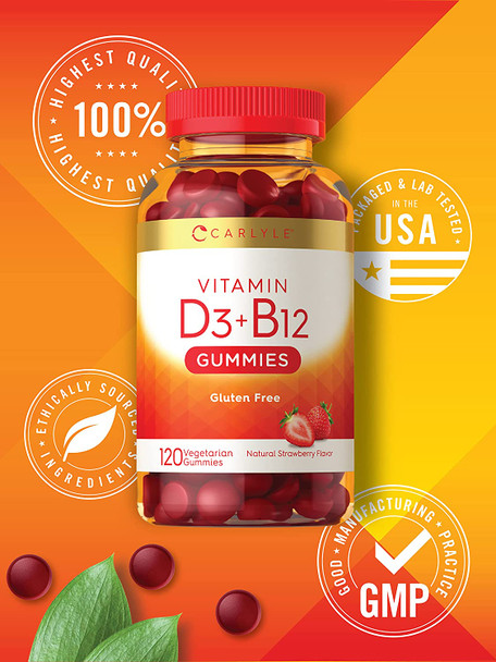 Carlyle Vitamin D3 + B12 Complex Gummies | 120 Count | Vegetarian, Non-GMO, and Gluten Free Formula | Natural Strawberry Flavor Supplement