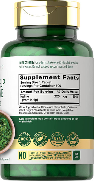 Sea Kelp Iodine | 225mcg | 500 Tablets | Non-GMO, Gluten Free | Traditional Herb Supplement | by Carlyle