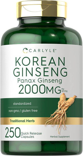 Carlyle Korean Ginseng | 2000 mg | 250 Capsules | Non-GMO and Gluten Free Formula | Standardized Panax Ginseng Supplement