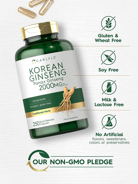 Carlyle Korean Ginseng | 2000 mg | 250 Capsules | Non-GMO and Gluten Free Formula | Standardized Panax Ginseng Supplement