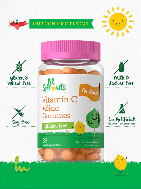 Vitamin C and Zinc Gummies for Kids | 36 Count | Vegan, Non-GMO, Gluten Free Supplement | by Lil' Sprouts