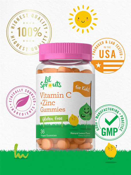 Vitamin C and Zinc Gummies for Kids | 36 Count | Vegan, Non-GMO, Gluten Free Supplement | by Lil' Sprouts