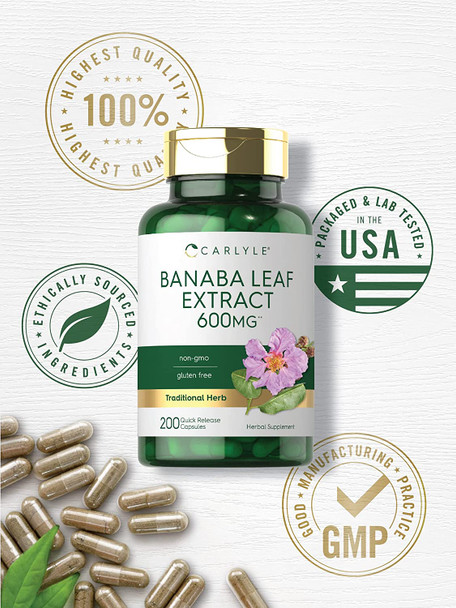 Banaba Leaf Extract Capsules 600mg | 200 Count | Non-GMO, Gluten Free | by Carlyle