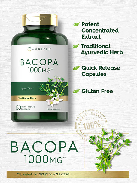 Carlyle Bacopa Monnieri Capsules | 1000 mg | 180 Capsules | Gluten Free Supplement