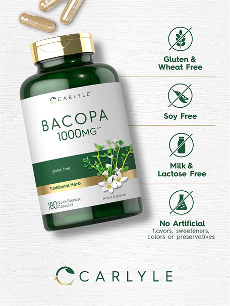 Carlyle Bacopa Monnieri Capsules | 1000 mg | 180 Capsules | Gluten Free Supplement