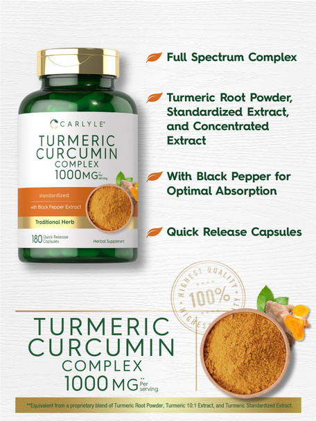 Carlyle Turmeric Curcumin With Black Pepper 1000Mg | 180 Capsules | Turmeric Complex Supplement | Non-Gmo, Gluten Free