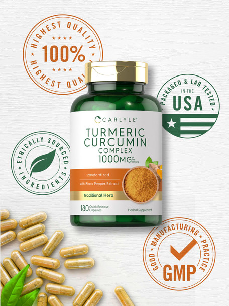 Carlyle Turmeric Curcumin With Black Pepper 1000Mg | 180 Capsules | Turmeric Complex Supplement | Non-Gmo, Gluten Free