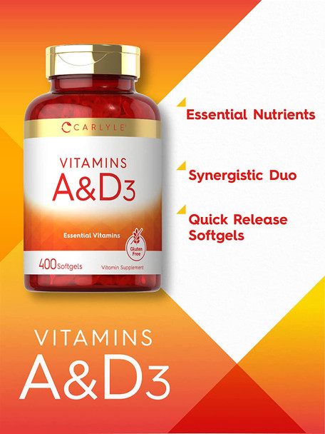 Carlyle Vitamin A and D Supplement | 400 Softgels | 1500 mcg Vitamin A and 400 IU Vitamin D3 | Non-GMO, Gluten Free