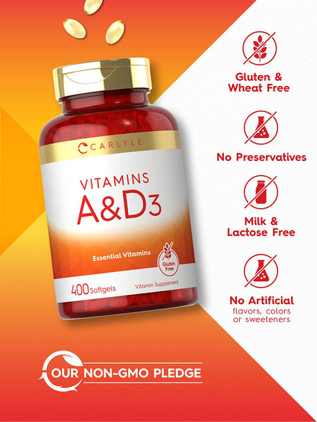 Carlyle Vitamin A and D Supplement | 400 Softgels | 1500 mcg Vitamin A and 400 IU Vitamin D3 | Non-GMO, Gluten Free