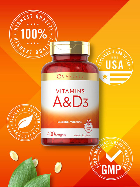Carlyle Vitamin A and D Supplement | 400 Softgels | 1500 mcg Vitamin A and 400 IU Vitamin D3 | Non-GMO, Gluten Free