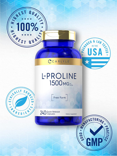 Carlyle L-Proline Free Form 1500mg | 240 Capsules | Non-GMO, Gluten Free Supplement