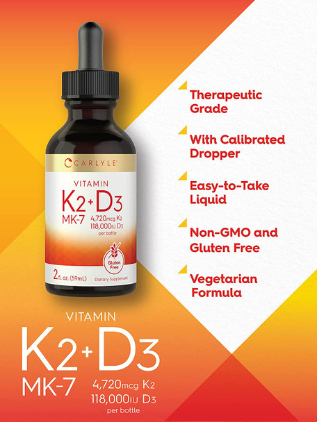 Carlyle Liquid Vitamin K2 MK-7 and D3 | 2 Fl Oz Drops | Vegetarian, Non-GMO, Gluten Free Supplement