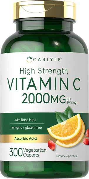 Carlyle Vitamin C 2000mg  with Rose Hips  300 Caplets  Vegetarian Non GMO Gluten Free Supplement