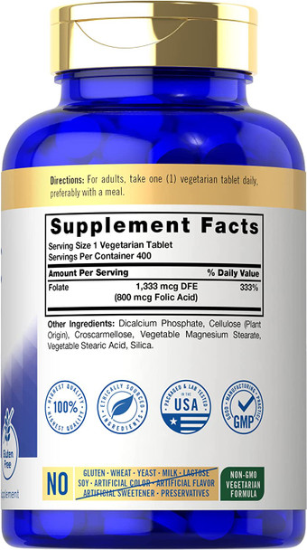 Carlyle Folic Acid | 800 Mcg Tablets | 400 Count | Vegetarian, Non-GMO, Gluten Free