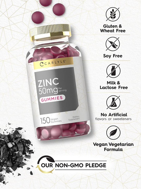 Zinc 50Mg Gummies | 150 Count | Vegan, Non-Gmo And Gluten Free Formula | Zinc Citrate Dietary Supplement | By Carlyle