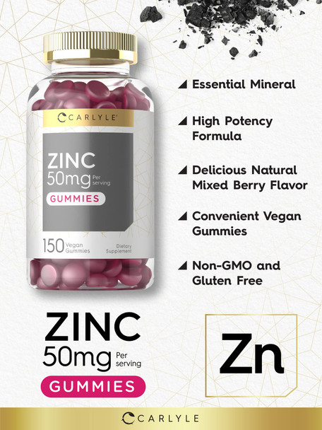 Zinc 50Mg Gummies | 150 Count | Vegan, Non-Gmo And Gluten Free Formula | Zinc Citrate Dietary Supplement | By Carlyle