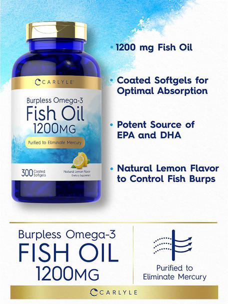 Carlyle Burpless Fish Oil 1200 mg | 300 Softgels | with 360 mg Omega-3 Fatty Acids | Natural Lemon Flavor | Non-GMO, Gluten Free Supplement