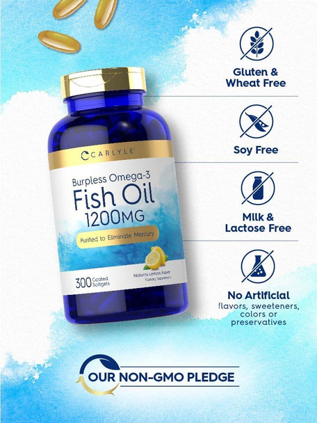 Carlyle Burpless Fish Oil 1200 mg | 300 Softgels | with 360 mg Omega-3 Fatty Acids | Natural Lemon Flavor | Non-GMO, Gluten Free Supplement