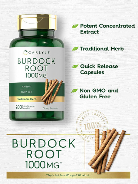 Carlyle Burdock Root | 1000 mg | 200 Capsules | Non-GMO and Gluten Free Formula | Traditional Herb Supplement | Arctium Lappa Extract