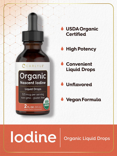 Organic Nascent Iodine Liquid Drops | 2 Fl Oz | Vegan Supplement | Non-Gmo, Gluten Free | By Carlyle