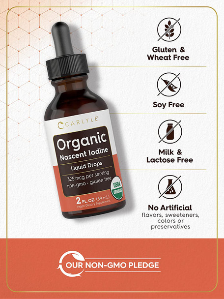 Organic Nascent Iodine Liquid Drops | 2 Fl Oz | Vegan Supplement | Non-Gmo, Gluten Free | By Carlyle