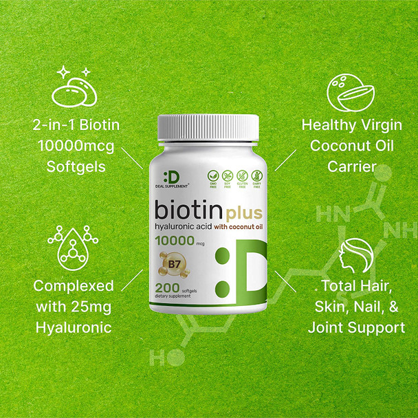 Biotin 10000mcg Plus Hyaluronic Acid 25mg with Coconut Oil, 200 Softgels, Bioavailable Biotin (Vitamin B7) Supplement, Promote Healthy Hair, Skin & Nails for Women and Men, Gluten Free, Non-GMO