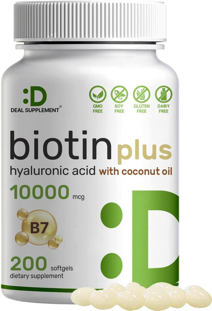 Biotin 10000mcg Plus Hyaluronic Acid 25mg with Coconut Oil, 200 Softgels, Bioavailable Biotin (Vitamin B7) Supplement, Promote Healthy Hair, Skin & Nails for Women and Men, Gluten Free, Non-GMO