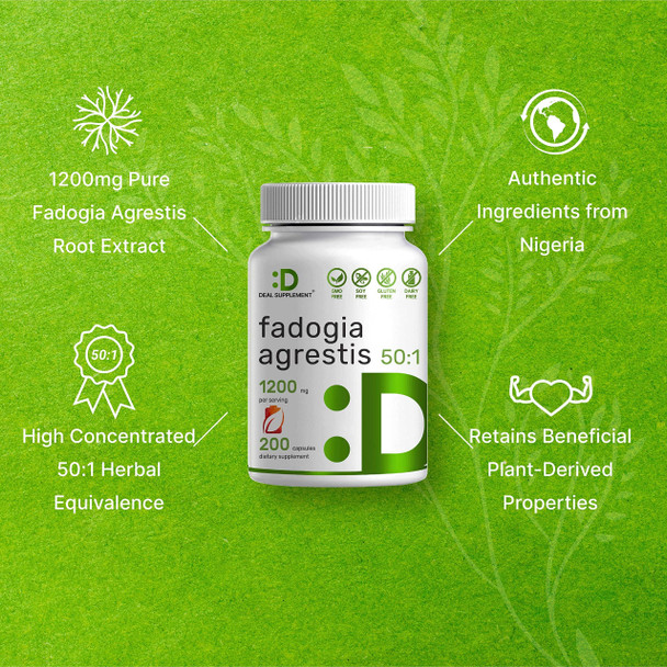 DEAL SUPPLEMENT Fadogia Agrestis Extract 600mg | 1200 mg Per Serving, 200 Capsules - Third Party Tested - 50:1 Extract from Root, Plant Based, Highly Purified and Bioavailable, Gluten Free, Non-GMO