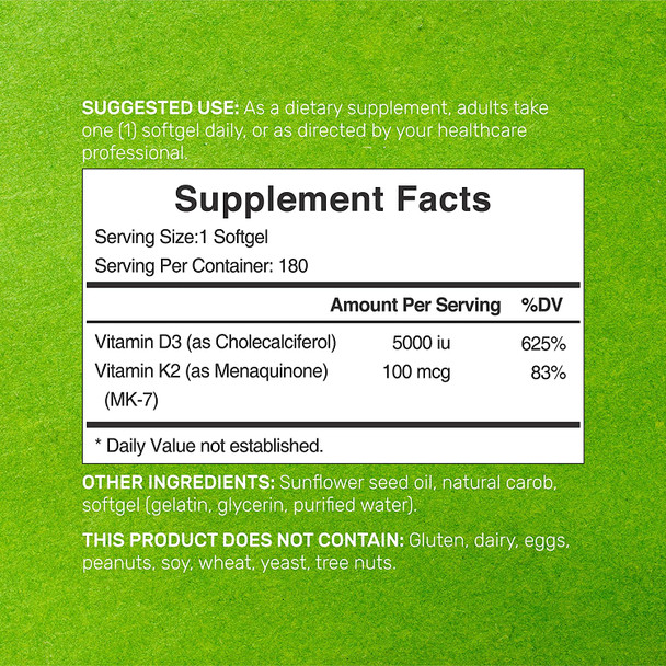 Vitamin D3 K2 Softgel, 180 Counts, 2-1 Complex, Vitamin D3 5000 IU & Vitamin K2 MK7, Promotes Heart, Bone & Teeth Health - Very Easy to Swallow