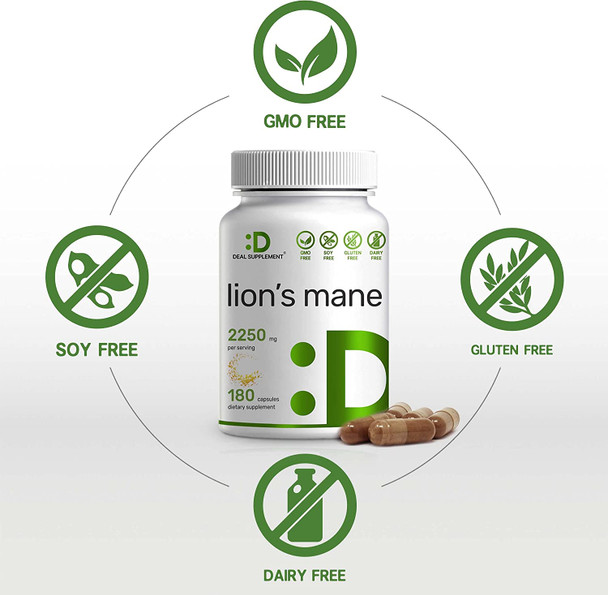 Lions Mane Mushroom Supplement 2250mg Per Serving, 180 Capsule, 30% Polysaccharides, Mycelium Part, Support Immune System, Brain Health, Focus, Memory and Mental Clarity