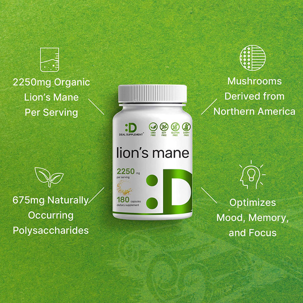 Lions Mane Mushroom Supplement 2250mg Per Serving, 180 Capsule, 30% Polysaccharides, Mycelium Part, Support Immune System, Brain Health, Focus, Memory and Mental Clarity