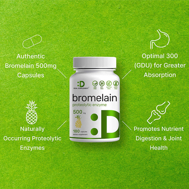 Bromelain Supplement 500mg , 180 Capsules, Optimal Dosage (300 GDU/g) for Digestive Health, Proteolytic Enzyme, Support Joint Health, Anti-Inflammatory & Nutrient Breakdown*