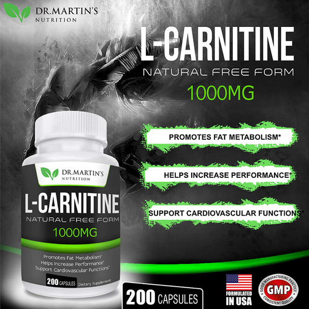 Extra Strength L-Carnitine - 200 Capsules - 1000mg Per Serving - Boost Your Metabolism and Increase Performance