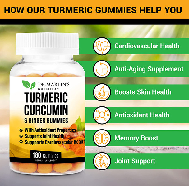 Turmeric Curcumin Gummies with Ginger 180 Count | For Comfort, Joint Support, Inflammatory Responses, Cardiovascular Health & Anti-Aging Supplement