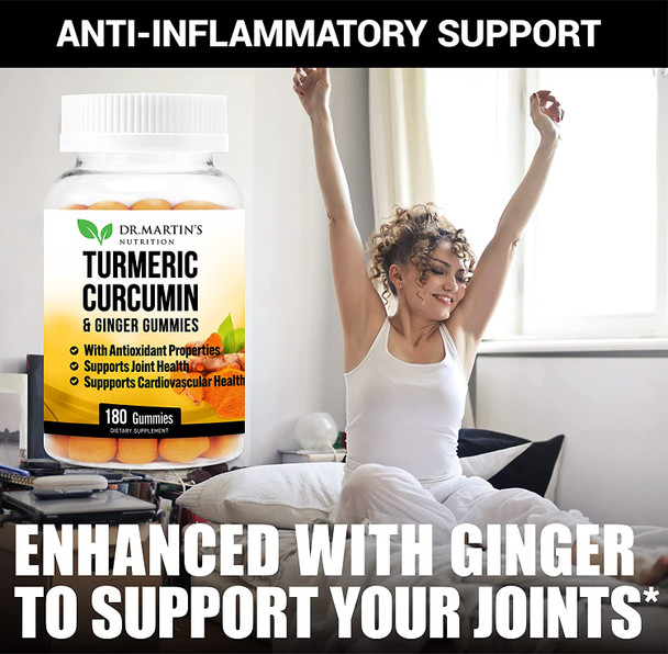 Turmeric Curcumin Gummies with Ginger 180 Count | For Comfort, Joint Support, Inflammatory Responses, Cardiovascular Health & Anti-Aging Supplement