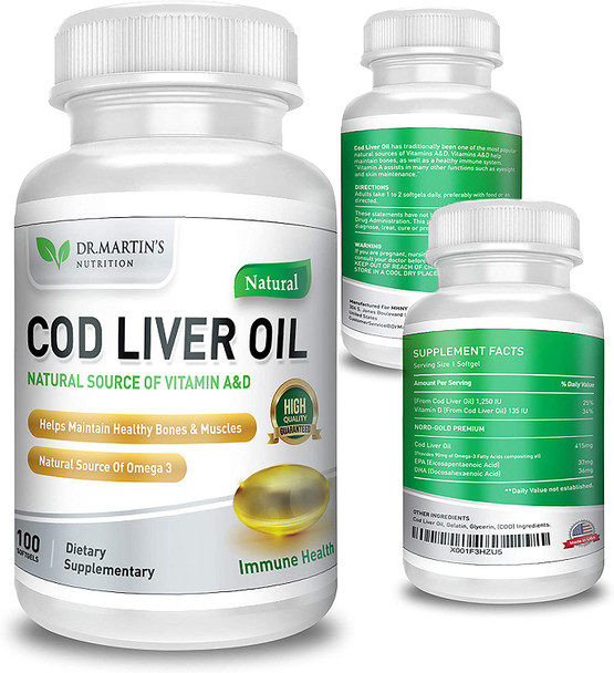 COD Liver Oil | 100 Softgels | Natural Source of Omega 3 Fatty Acids | Triple Strength | Best Immune Health, Healthy Bones & Muscles Dietary Supplement |