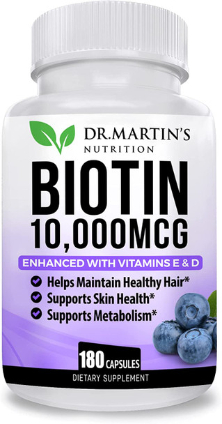 Biotin 10000 Mcg Enhanced With Vitamin D & E | 180 Count| For Healthy Hair, Skin & Nails | Energy Support | Vitamin B7 | Non-Gmo | Usa Formulated