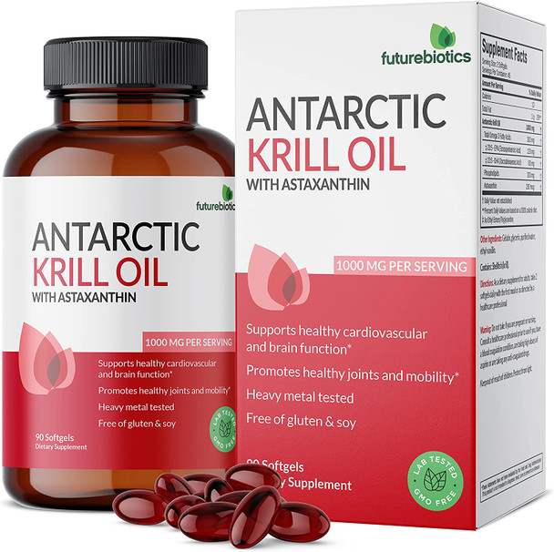 Futurebiotics Antarctic Krill Oil 1000mg with Omega-3s EPA, DHA, Astaxanthin and Phospholipids - 100% Pure Premium Krill Oil Heavy Metal Tested, Non GMO  90 Softgels (45 Servings)