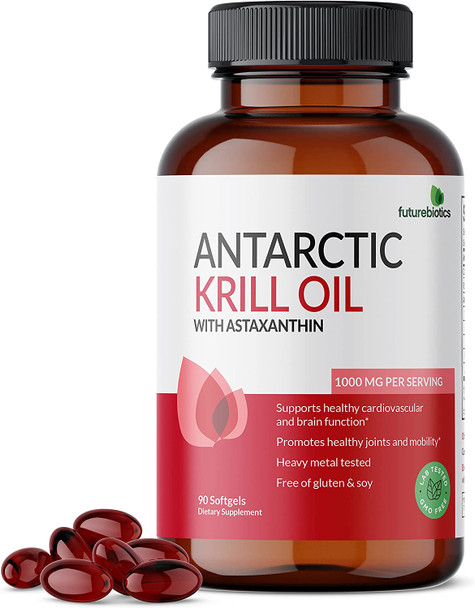 Futurebiotics Antarctic Krill Oil 1000mg with Omega-3s EPA, DHA, Astaxanthin and Phospholipids - 100% Pure Premium Krill Oil Heavy Metal Tested, Non GMO  90 Softgels (45 Servings)