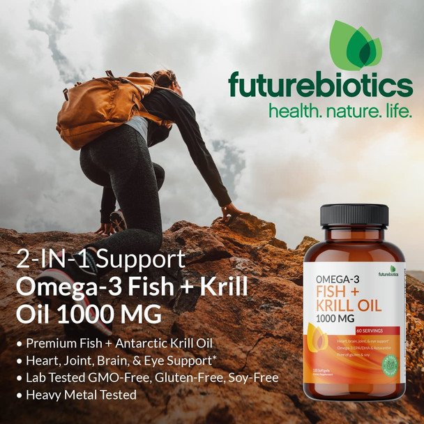 Futurebiotics Omega-3 Fish + Krill Oil 1000 MG Omega-3 EPA/DHA & Astaxanthin, Heart, Brain, Joint & Eye Support - Non-GMO, 120 Softgels (60 Servings)
